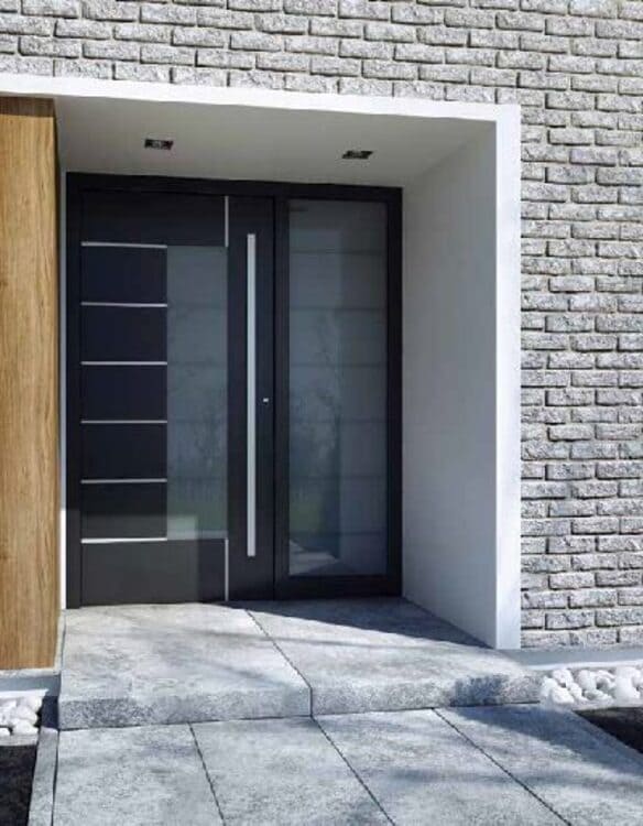 black aluminium front doors in the modern bricked property