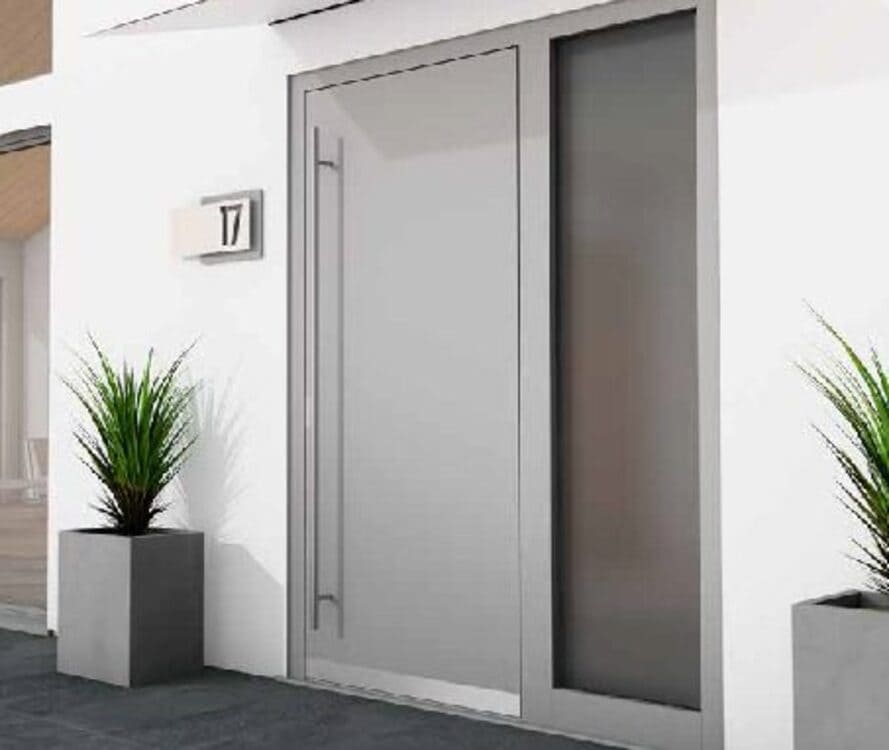 modern grey aluminium front doors in the office building
